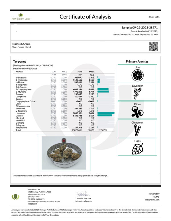 2025 Peaches and Cream COA Page 1 Peaches and CreamTHCA Flower