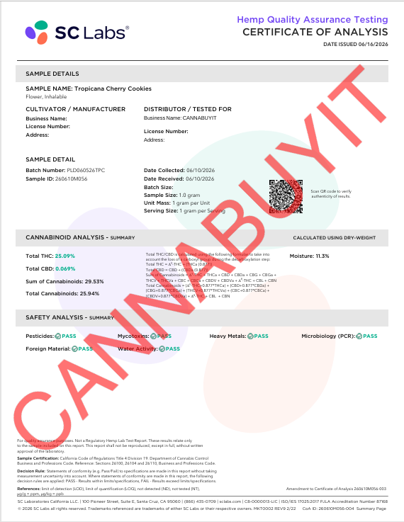 tropicana cherry cookies coa page 1 Tropicana Cherry Cookies THCA Flower